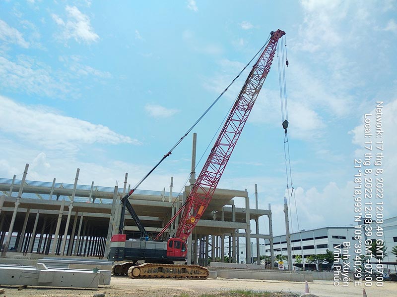 xe cẩu bánh xích 100 tấn Kobelco làm việc tại công trường xây dựng