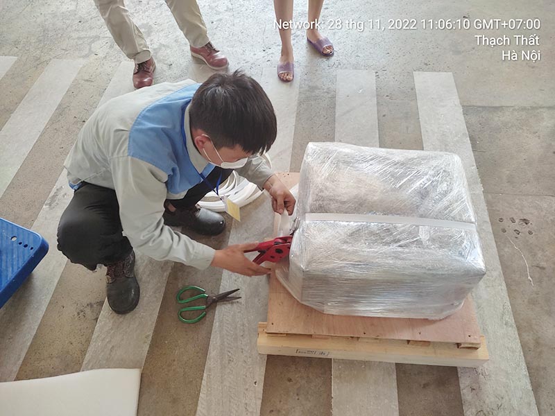 công nhân cố định hàng hàng hoá lên palet gỗ