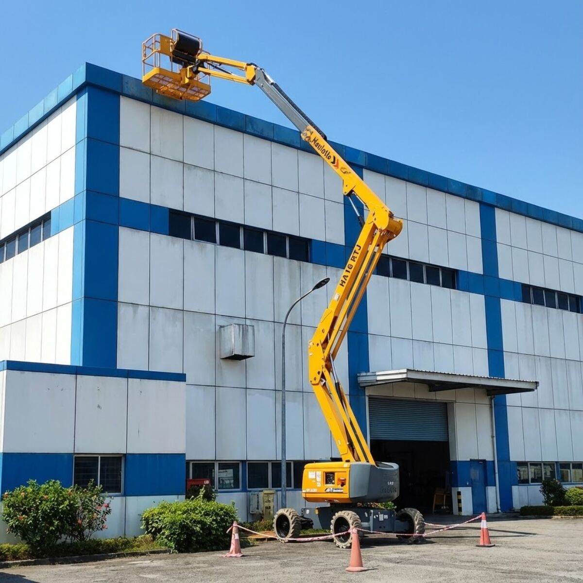 Xe nâng người Boom Lift sơn sửa bên ngoài nhà máy